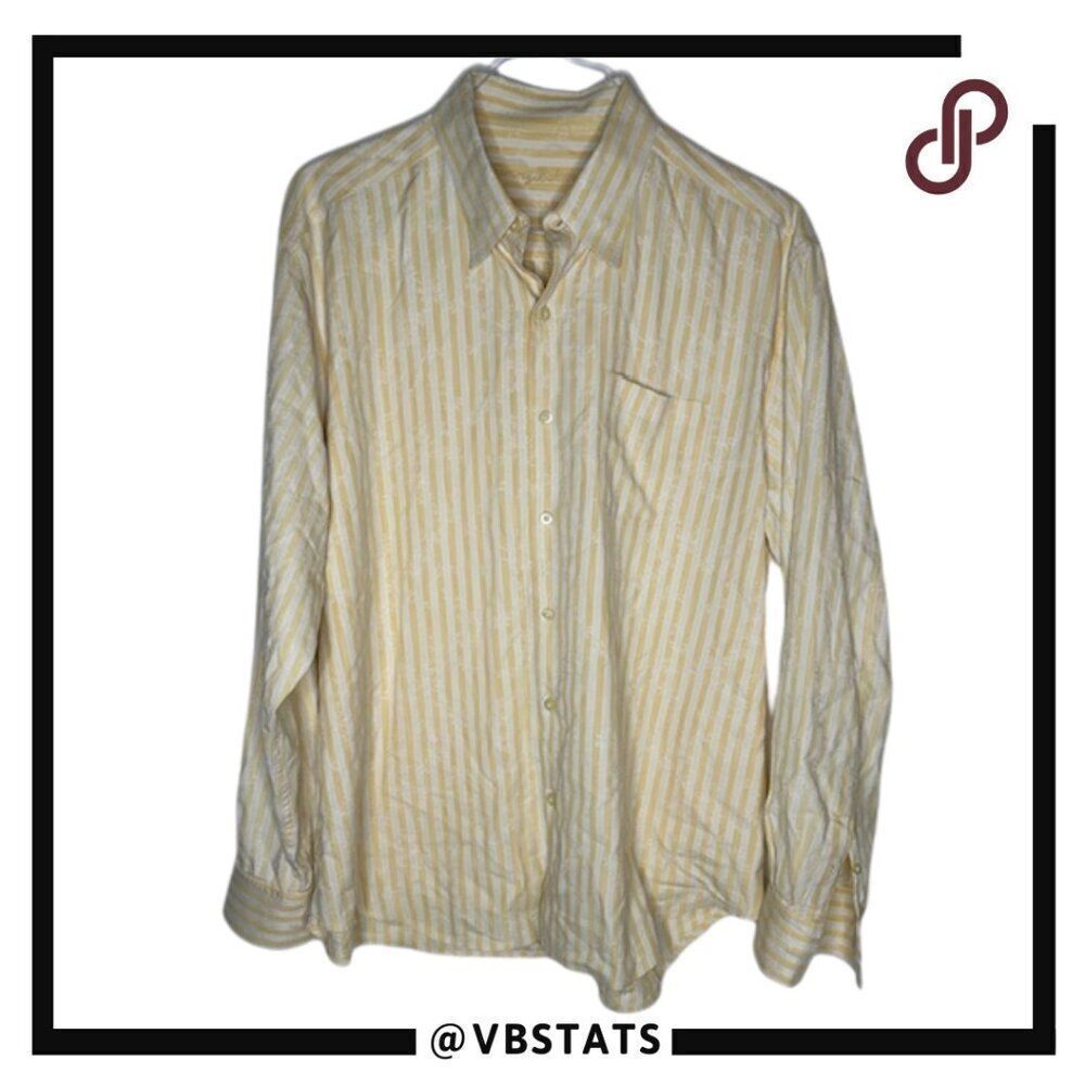Tommy Bahama XL Yellow and White Striped LS Shirt‎ with Subtle Tropical Pattern
